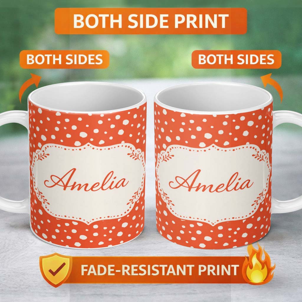Personalized Custom Name White Polka Dot Pattern Orange Background Seamless Cute Unique Gift 11oz Ceramic Coffee Tea Mug White Large Handle
