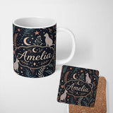 Personalized Custom Name Celestial Cat Moon Stars Botanical Night Seamless Pattern Lovely 11oz Ceramic Coffee Tea Mug White Large Handle