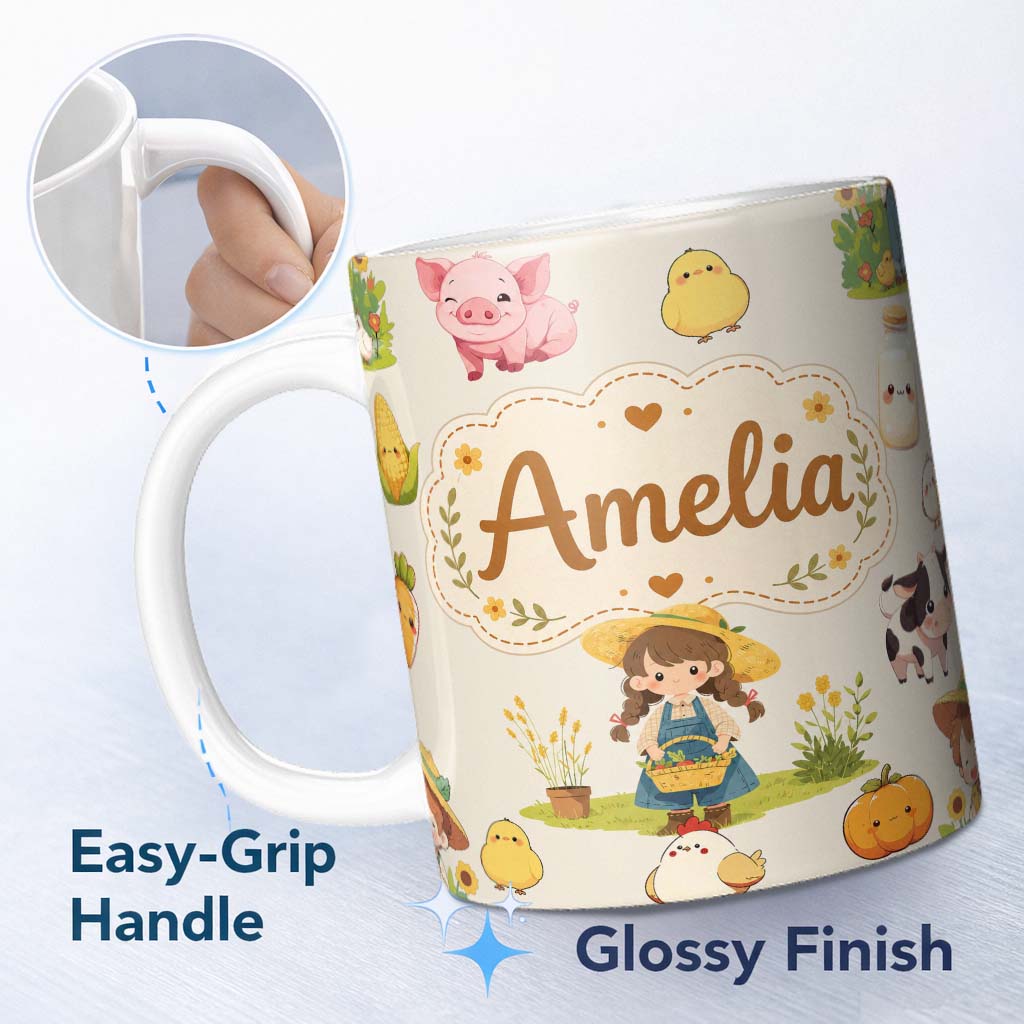Personalized Custom Name Cute Farm Girl Animals Harvest Seamless Pattern Cream Background 11oz Ceramic Coffee Tea Mug White Large Handle