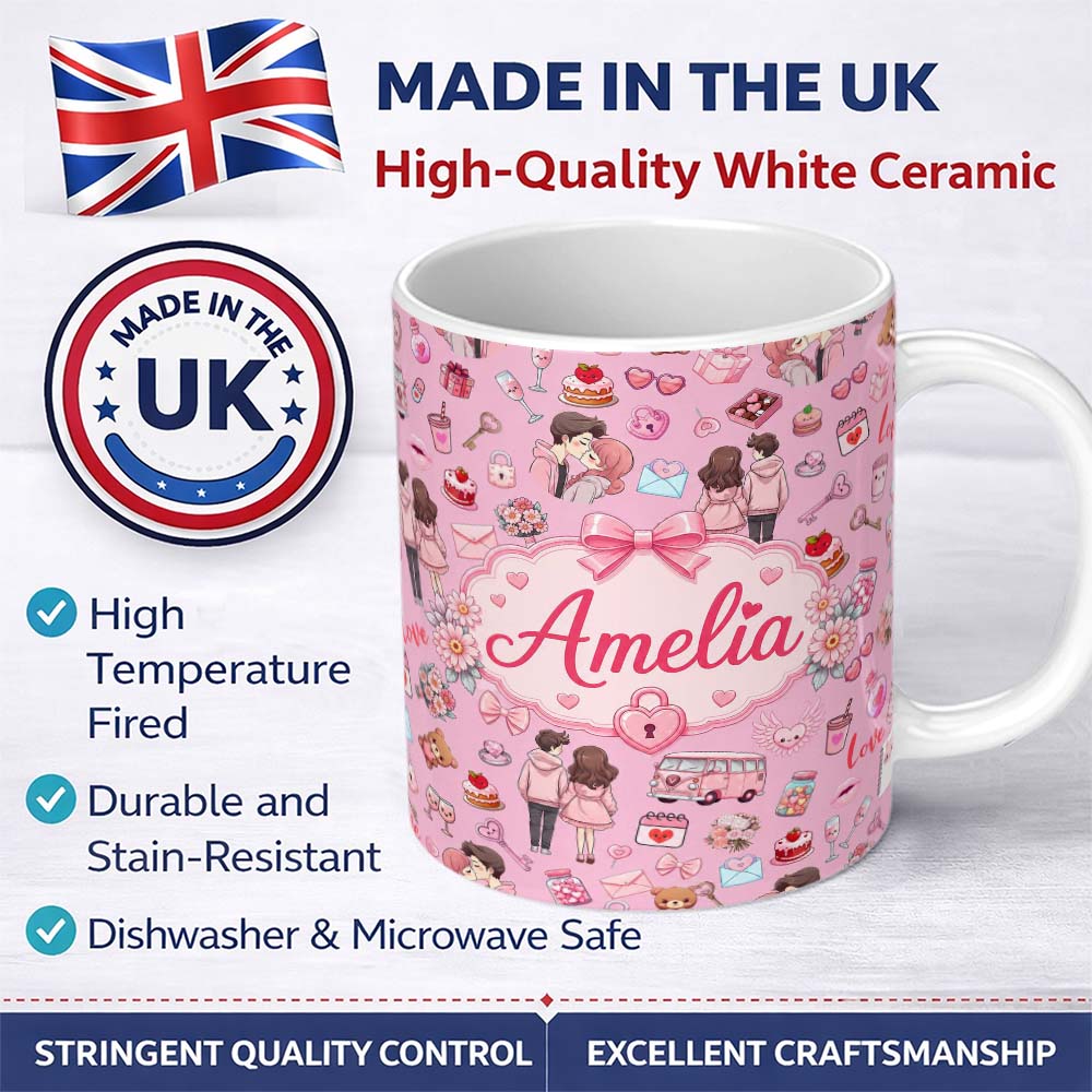 Personalized Custom Name Cute Love Couple Gifts Cakes Teddy Bear Seamless Pattern Pink Lovely 11oz Ceramic Coffee Tea Mug White Large Handle