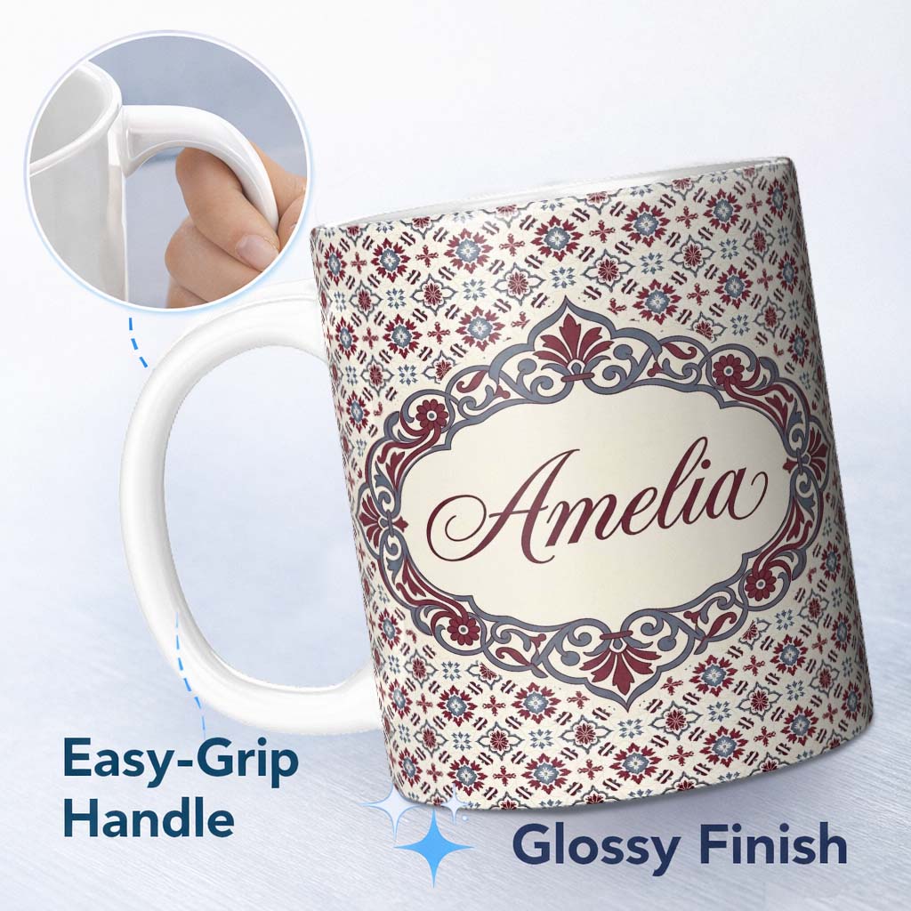 Personalized Custom Name Decorative Red Blue Floral Tile Mosaic Seamless Pattern Lovely 11oz Ceramic Coffee Tea Mug White Large Handle