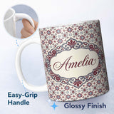 Personalized Custom Name Decorative Red Blue Floral Tile Mosaic Seamless Pattern Lovely 11oz Ceramic Coffee Tea Mug White Large Handle