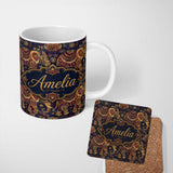 Personalized Custom Name Rich Burgundy and Gold Elephant Ethnic Seamless Pattern Lovely 11oz Ceramic Coffee Tea Mug White Large Handle