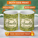 Personalized Custom Name Lush Bamboo Forest with Layered Leaves Natural Seamless Pattern 11oz Ceramic Coffee Tea Mug White Large Handle