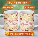 Personalized Custom Name Cute Cherry Bow and Daisy Seamless Pattern on Yellow Lovely 11oz Ceramic Coffee Tea Mug White Large Handle