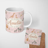 Personalized Custom Name Cute Safari Animals Giraffe Lion Zebra on Soft Pink Background 11oz Ceramic Coffee Tea Mug White Large Handle
