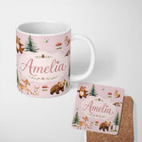 Personalized Custom Name Bear Bunny Deer Squirrel Trees Mushrooms Butterfly Soft Pink 11oz Ceramic Coffee Tea Mug White Large Handle
