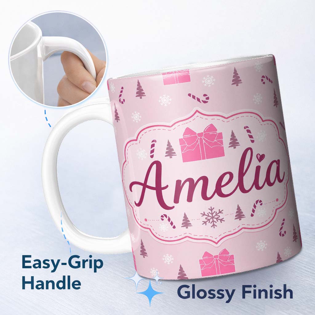 Personalized Custom Name Cute Pink Gift Box Candy Cane Snowflake Seamless Pattern Lovely 11oz Ceramic Coffee Tea Mug White Large Handle