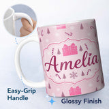 Personalized Custom Name Cute Pink Gift Box Candy Cane Snowflake Seamless Pattern Lovely 11oz Ceramic Coffee Tea Mug White Large Handle