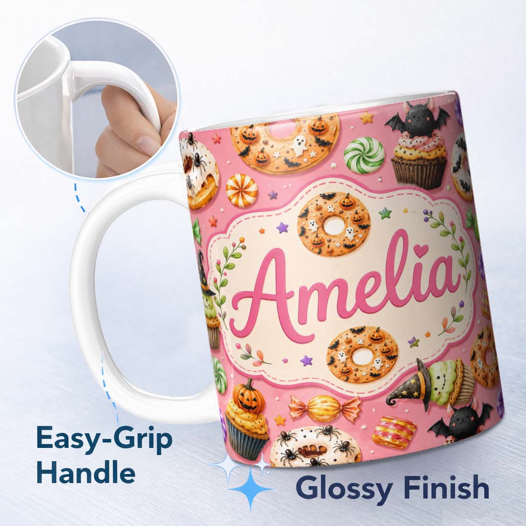 Personalized Custom Name Cute Halloween Donuts Sweet Spooky Treats Pink Background Seamless 11oz Ceramic Coffee Tea Mug White Large Handle