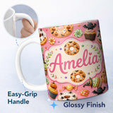 Personalized Custom Name Cute Halloween Donuts Sweet Spooky Treats Pink Background Seamless 11oz Ceramic Coffee Tea Mug White Large Handle