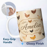 Personalized Custom Name Vintage Farm Chicken Hen Illustration Soft Neutral Background Lovely 11oz Ceramic Coffee Tea Mug White Large Handle