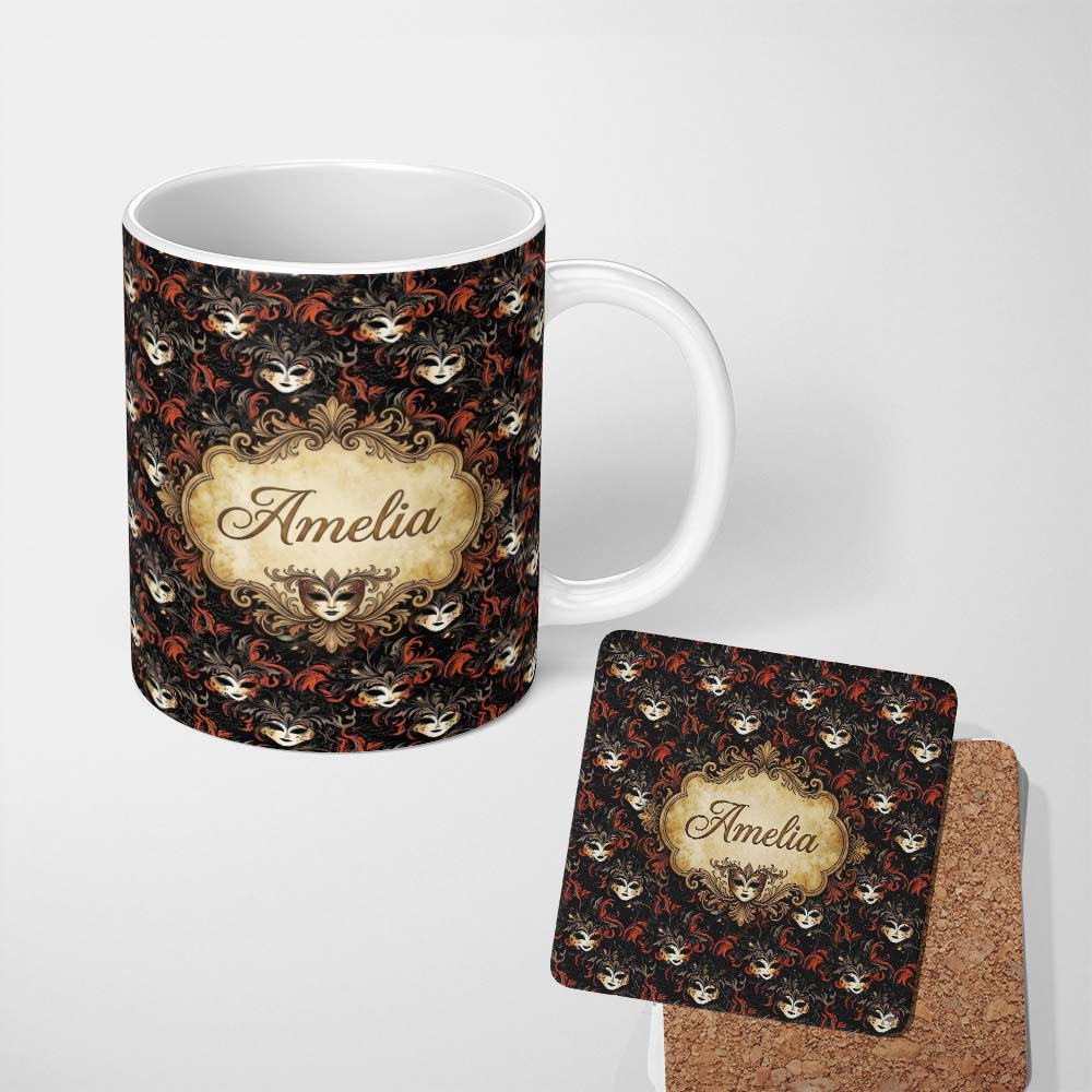 Personalized Custom Name Dark Elegant Masquerade Masks with Orange Feathers on Black Seamless 11oz Ceramic Coffee Tea Mug White Large Handle