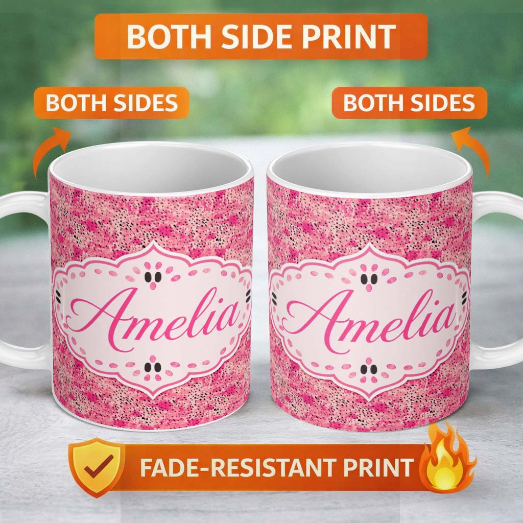 Personalized Custom Name Pink Abstract Speckled Brushstroke Texture Seamless Pattern Lovely 11oz Ceramic Coffee Tea Mug White Large Handle