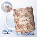 Personalized Custom Name Vintage Rose Script Frame Elegant Seamless Pattern Design Lovely 11oz Ceramic Coffee Tea Mug White Large Handle