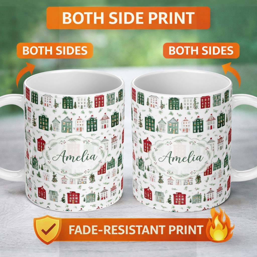 Personalized Custom Name Watercolor Christmas Holly Berry Wreath Pattern Festive Winter 11oz Ceramic Coffee Tea Mug White Large Handle