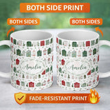 Personalized Custom Name Watercolor Christmas Holly Berry Wreath Pattern Festive Winter 11oz Ceramic Coffee Tea Mug White Large Handle
