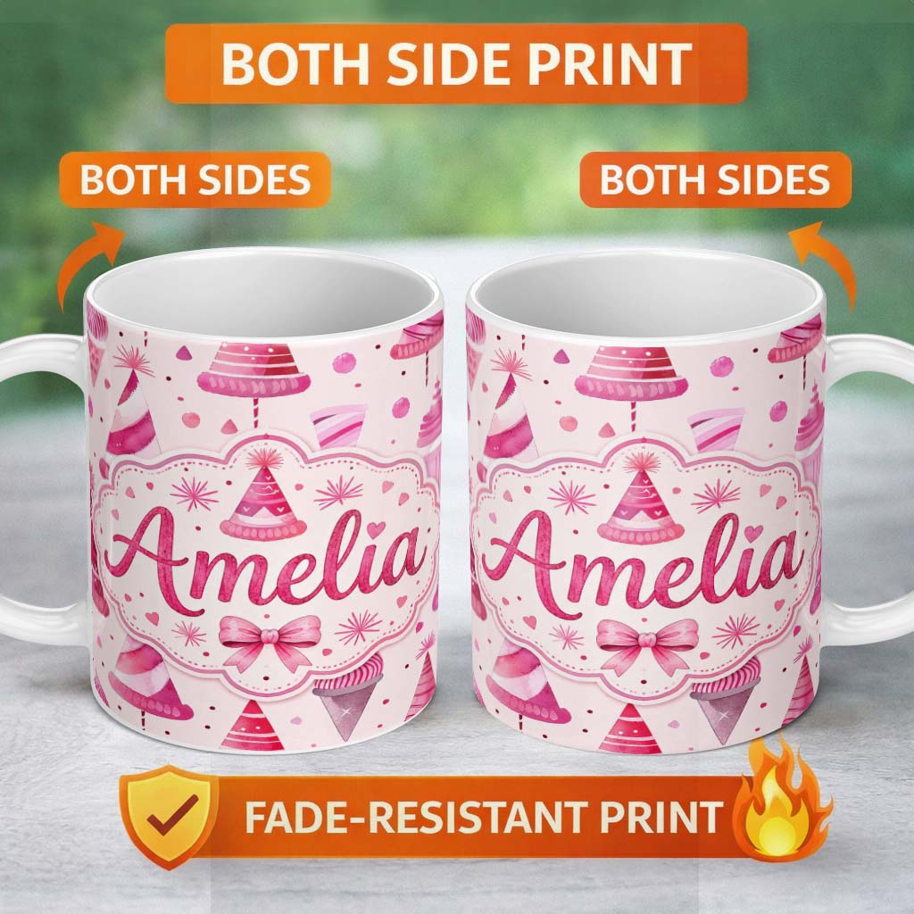 Personalized Custom Name Cute Pink Christmas Party Hats Fun Seamless Pattern Cute Unique Gift 11oz Ceramic Coffee Tea Mug White Large Handle