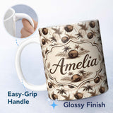 Personalized Custom Name Vintage Coconut and Palm Tree Monochrome Sepia Island Repeat Pattern 11oz Ceramic Coffee Tea Mug White Large Handle