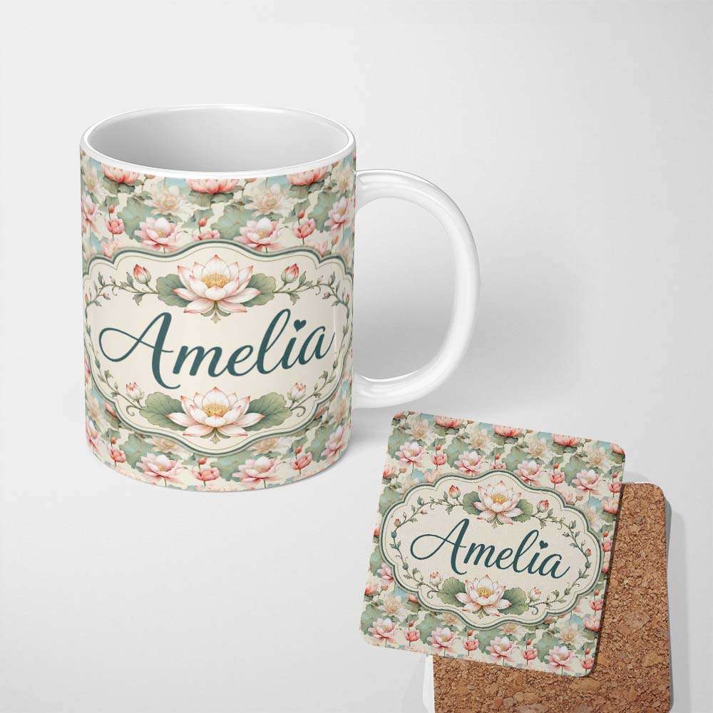 Personalized Custom Name Soft Pastel Lotus Blossom Pattern with Elegant Botanical Arrangement 11oz Ceramic Coffee Tea Mug White Large Handle