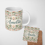 Personalized Custom Name Soft Pastel Lotus Blossom Pattern with Elegant Botanical Arrangement 11oz Ceramic Coffee Tea Mug White Large Handle