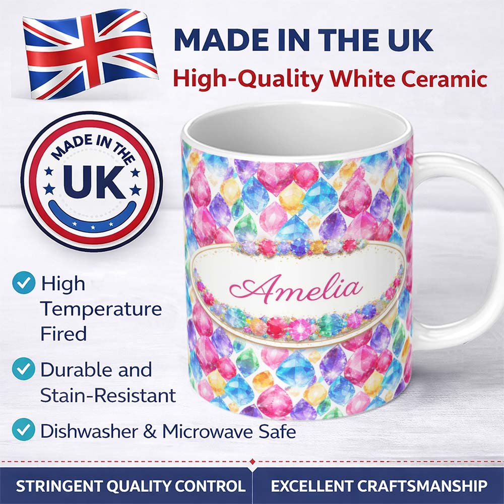 Personalized Custom Name Colorful Watercolor Crystal Gemstone Seamless Pattern Lovely 11oz Ceramic Coffee Tea Mug White Large Handle