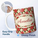 Personalized Custom Name Vintage Red Camellia Botanical Cream Background Seamless Pattern 11oz Ceramic Coffee Tea Mug White Large Handle