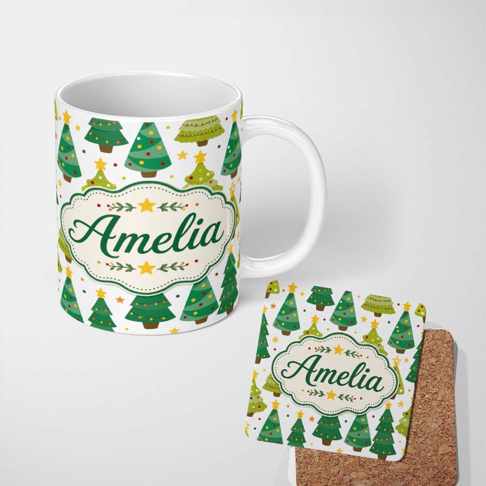 Personalized Custom Name Cute Mixed Christmas Trees Colorful Festive Seamless Pattern Lovely 11oz Ceramic Coffee Tea Mug White Large Handle