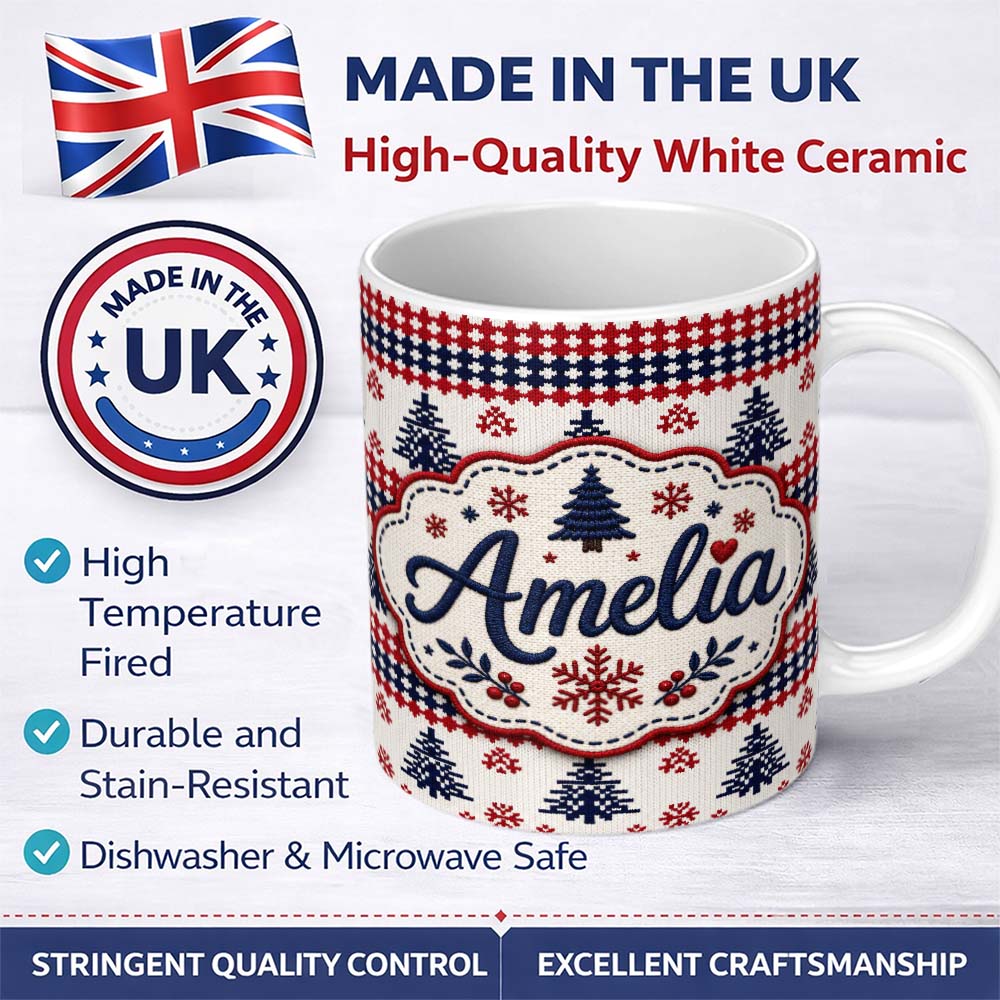 Personalized Custom Name Cute Red White Blue Nordic Christmas Tree Snowflake Seamless Pattern 11oz Ceramic Coffee Tea Mug White Large Handle