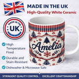 Personalized Custom Name Cute Red White Blue Nordic Christmas Tree Snowflake Seamless Pattern 11oz Ceramic Coffee Tea Mug White Large Handle