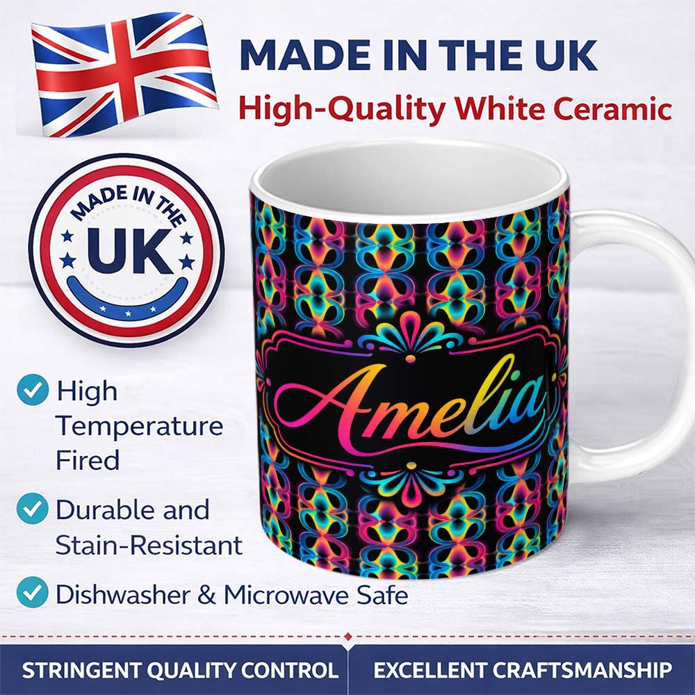 Personalized Custom Name Retro Psychedelic Loop Gradient Geometric Seamless Pattern Lovely 11oz Ceramic Coffee Tea Mug White Large Handle