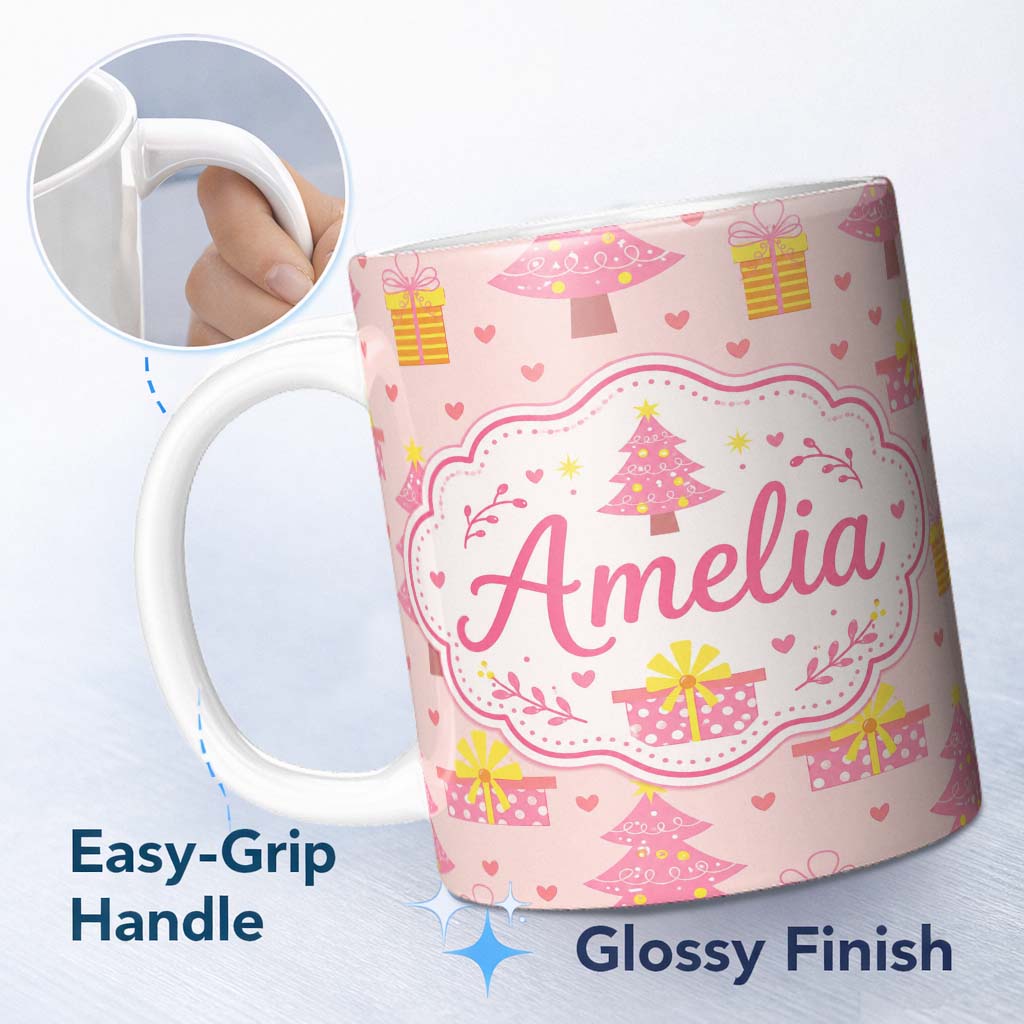Personalized Custom Name Cute Pink Christmas Tree Gift Heart Seamless Pattern Lovely 11oz Ceramic Coffee Tea Mug White Large Handle