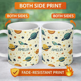 Personalized Custom Name Cute Space Planets Stars Rocket Seamless Pattern Cute Unique Gift 11oz Ceramic Coffee Tea Mug White Large Handle