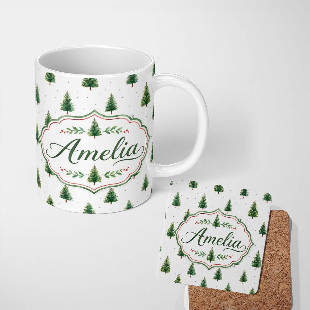 Personalized Custom Name Mini Christmas Tree Winter Holiday Snowy Seamless Pattern Lovely 11oz Ceramic Coffee Tea Mug White Large Handle