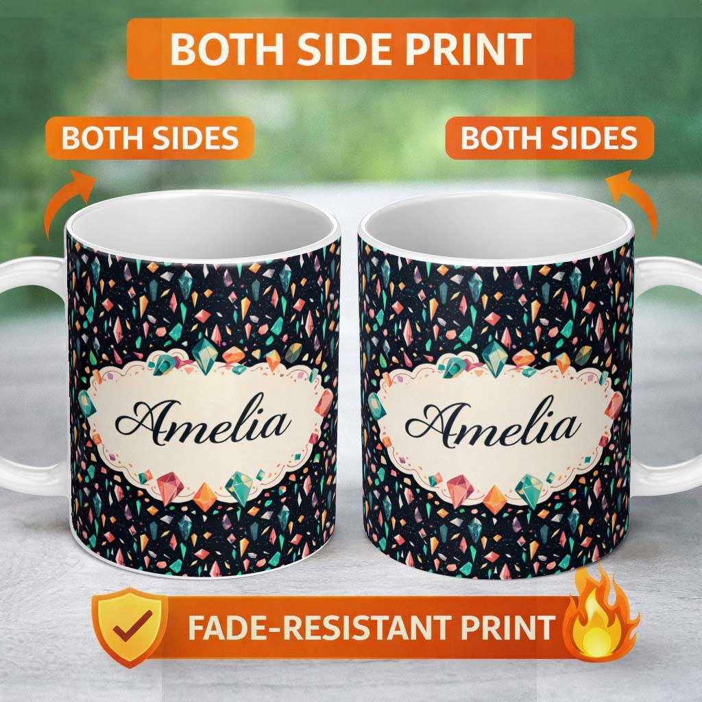 Personalized Custom Name Dark Galaxy Gemstone Sparkle Seamless Pattern Stylish Everyday Mug 11oz Ceramic Coffee Tea Mug White Large Handle