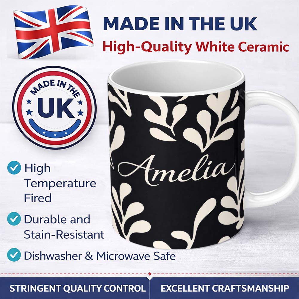 Personalized Custom Name Midnight Botanical Flow Black Cream Abstract Leaf Pattern Lovely 11oz Ceramic Coffee Tea Mug White Large Handle