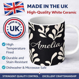 Personalized Custom Name Midnight Botanical Flow Black Cream Abstract Leaf Pattern Lovely 11oz Ceramic Coffee Tea Mug White Large Handle