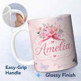 Personalized Custom Name Watercolor Rose Bouquet with Red Ribbon and Butterflies Soft Blush 11oz Ceramic Coffee Tea Mug White Large Handle