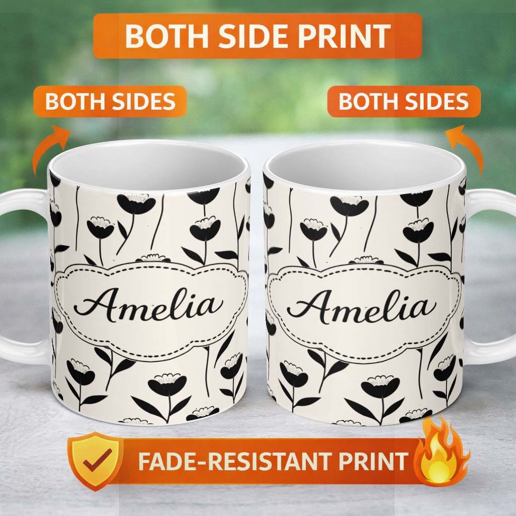 Personalized Custom Name Scandinavian Floral Stems Black Cream Simple Flower Pattern Lovely 11oz Ceramic Coffee Tea Mug White Large Handle