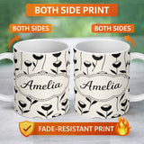 Personalized Custom Name Scandinavian Floral Stems Black Cream Simple Flower Pattern Lovely 11oz Ceramic Coffee Tea Mug White Large Handle