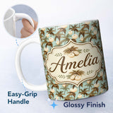 Personalized Custom Name Vintage Coconut Palm Coastal Beige Seamless Pattern Cute Unique Gift 11oz Ceramic Coffee Tea Mug White Large Handle
