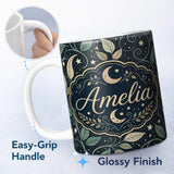 Personalized Custom Name Celestial Moth Moon Stars Botanical Night Seamless Pattern Lovely 11oz Ceramic Coffee Tea Mug White Large Handle