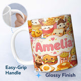 Personalized Custom Name Kawaii Fast Food Collage Burger Pizza Fries Drinks White Seamless 11oz Ceramic Coffee Tea Mug White Large Handle