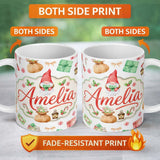 Personalized Custom Name Cute Christmas Gnome Gift Candy Cane Holiday Seamless Pattern Lovely 11oz Ceramic Coffee Tea Mug White Large Handle