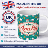 Personalized Custom Name Cute Santa Mrs Claus Gingerbread Seamless Pattern Design Festive 11oz Ceramic Coffee Tea Mug White Large Handle