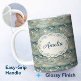 Personalized Custom Name Painterly Seagulls Flying Over Ocean Waves Seamless Pattern Lovely 11oz Ceramic Coffee Tea Mug White Large Handle