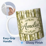 Personalized Custom Name Natural Bamboo Stalks with Subtle Leaf Details Seamless Pattern 11oz Ceramic Coffee Tea Mug White Large Handle