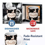 Personalized Custom Name Cute Alpaca Llama Pattern with Floral Sprigs on Black Background 11oz Ceramic Coffee Tea Mug White Large Handle