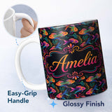 Personalized Custom Name Bright Rainbow Fish with Flowing Seaweed on Dark Background Seamless 11oz Ceramic Coffee Tea Mug White Large Handle