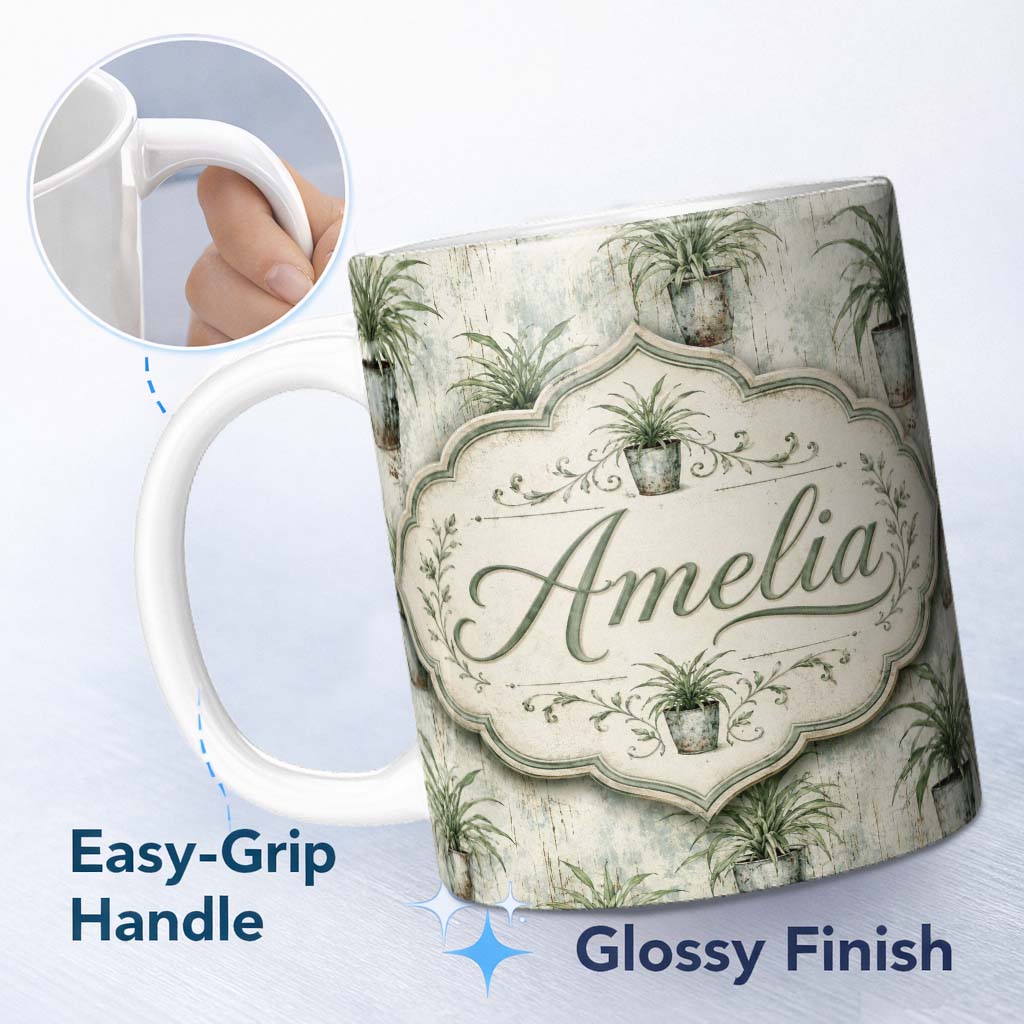 Personalized Custom Name Fresh Green Grass Leaf Botanical Seamless Pattern Cute Unique Gift 11oz Ceramic Coffee Tea Mug White Large Handle